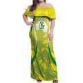 Cricket Australian Off Shoulder Maxi Dress Map Silhouette With Green And Gold Geometric Pattern