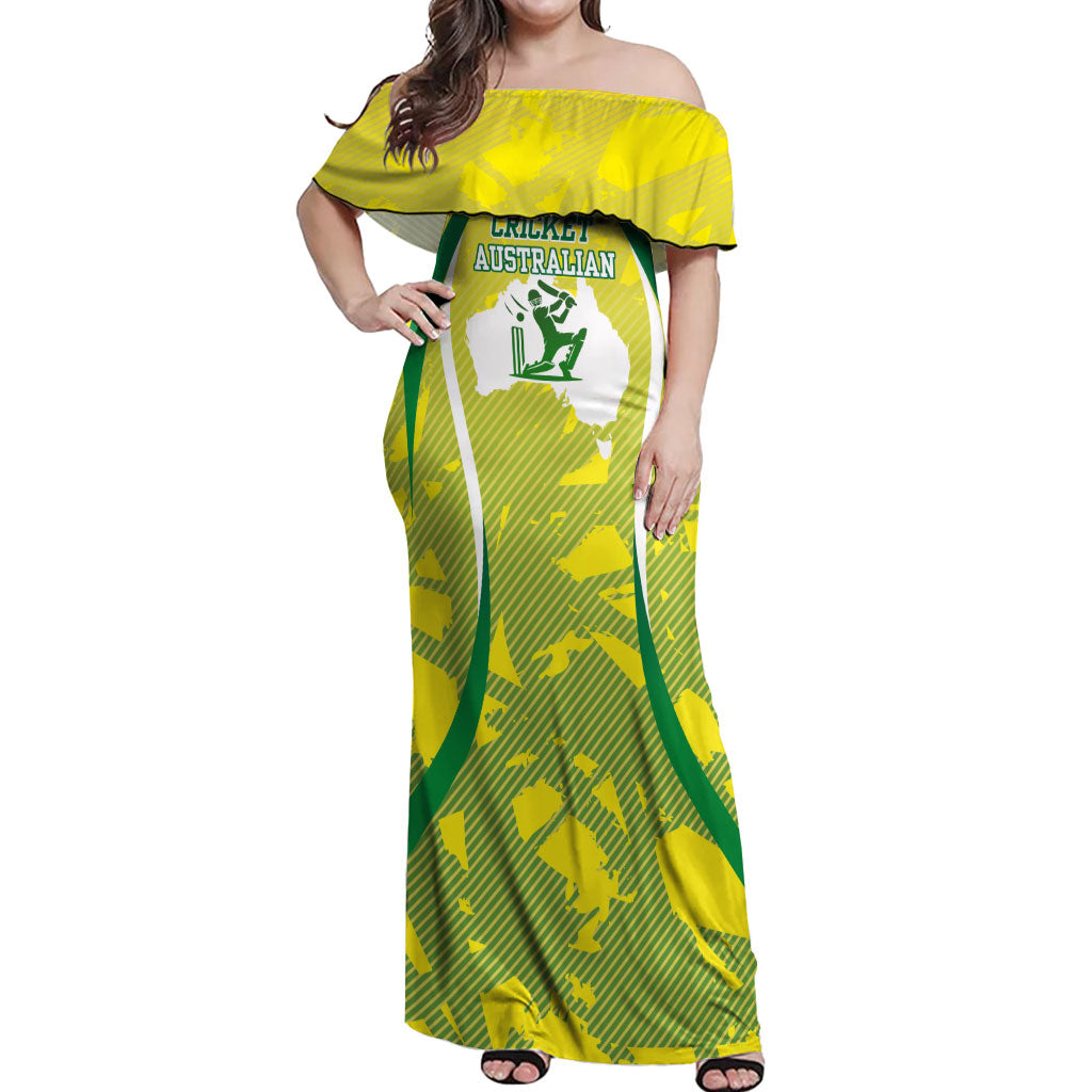 Cricket Australian Off Shoulder Maxi Dress Map Silhouette With Green And Gold Geometric Pattern