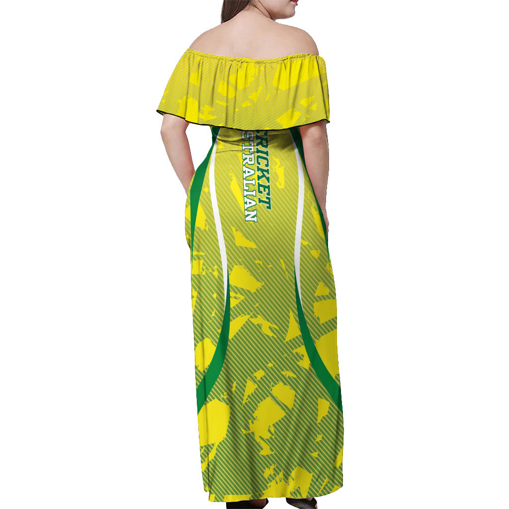 Cricket Australian Off Shoulder Maxi Dress Map Silhouette With Green And Gold Geometric Pattern