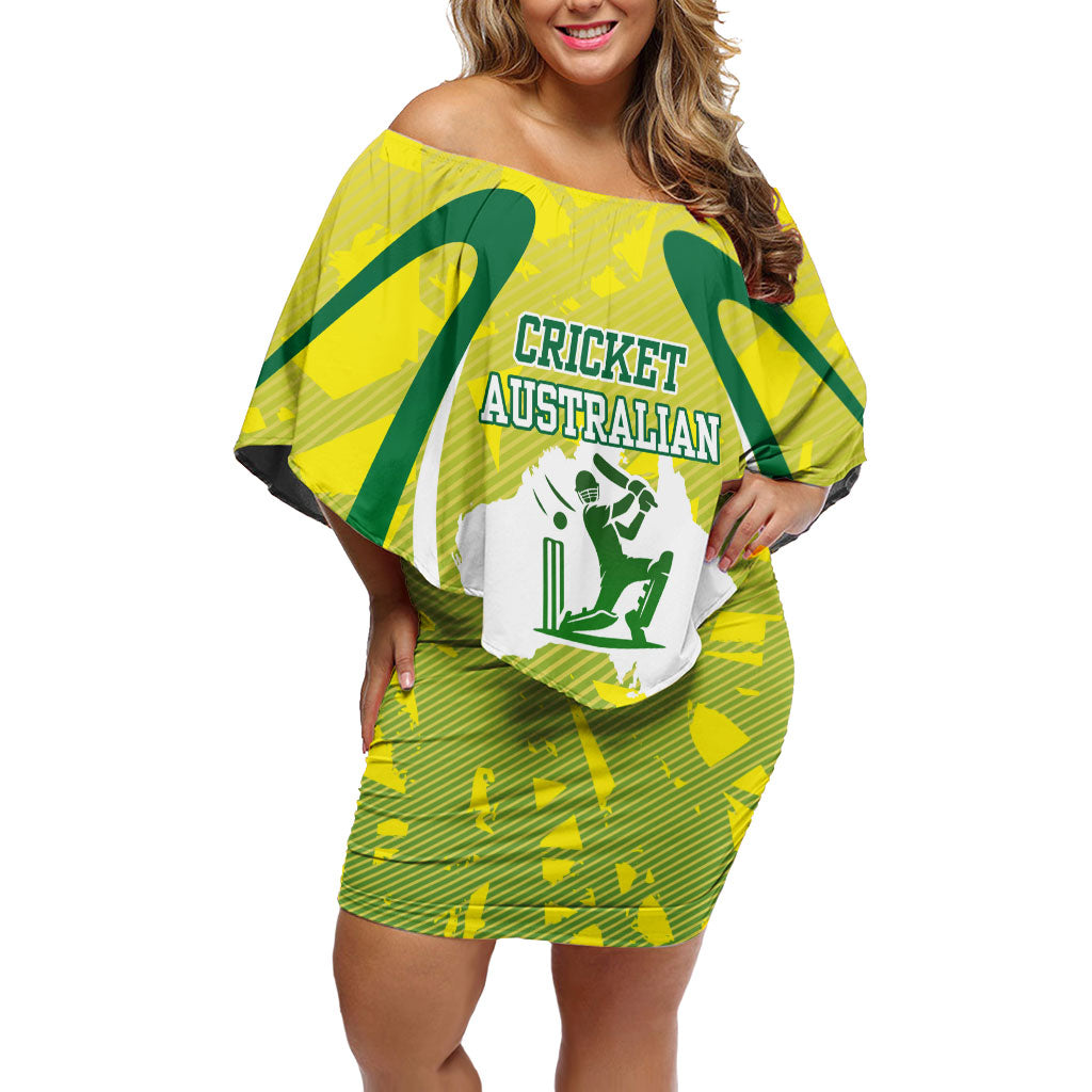 Cricket Australian Off Shoulder Short Dress Map Silhouette With Green And Gold Geometric Pattern