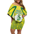 Cricket Australian Off Shoulder Short Dress Map Silhouette With Green And Gold Geometric Pattern