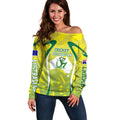 Cricket Australian Off Shoulder Sweater Map Silhouette With Green And Gold Geometric Pattern