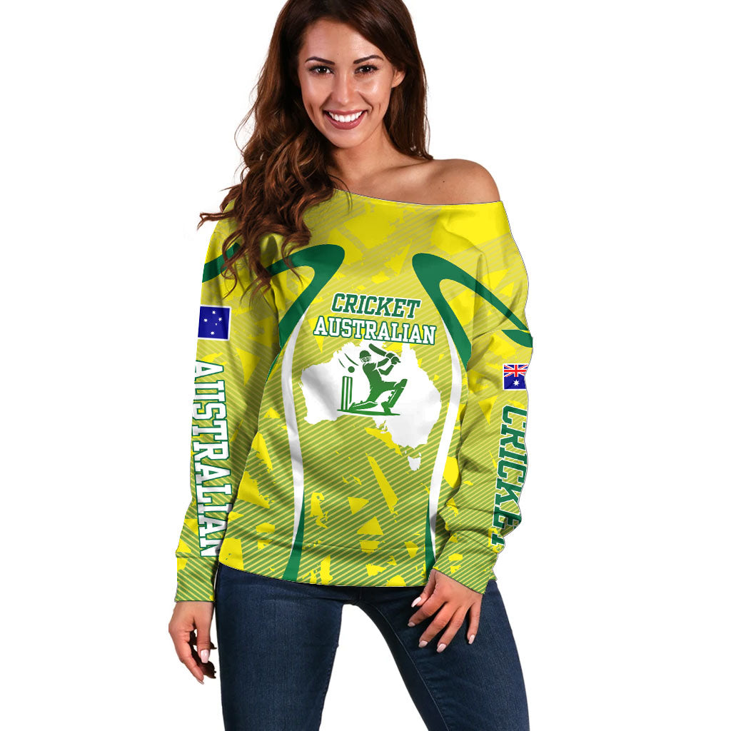 Cricket Australian Off Shoulder Sweater Map Silhouette With Green And Gold Geometric Pattern