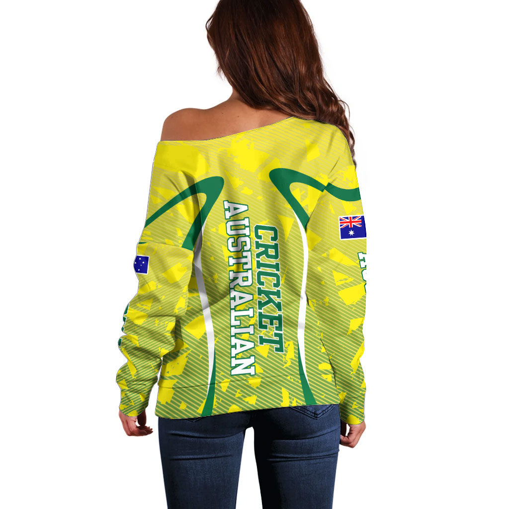 Cricket Australian Off Shoulder Sweater Map Silhouette With Green And Gold Geometric Pattern