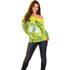 Cricket Australian Off Shoulder Sweater Map Silhouette With Green And Gold Geometric Pattern
