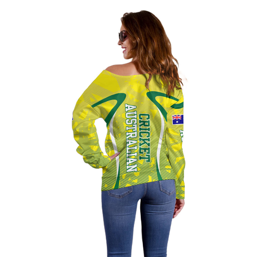 Cricket Australian Off Shoulder Sweater Map Silhouette With Green And Gold Geometric Pattern