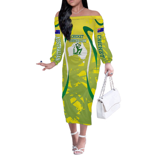Cricket Australian Off The Shoulder Long Sleeve Dress Map Silhouette With Green And Gold Geometric Pattern
