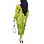 Cricket Australian Off The Shoulder Long Sleeve Dress Map Silhouette With Green And Gold Geometric Pattern