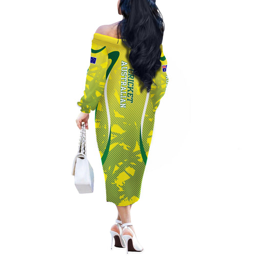 Cricket Australian Off The Shoulder Long Sleeve Dress Map Silhouette With Green And Gold Geometric Pattern