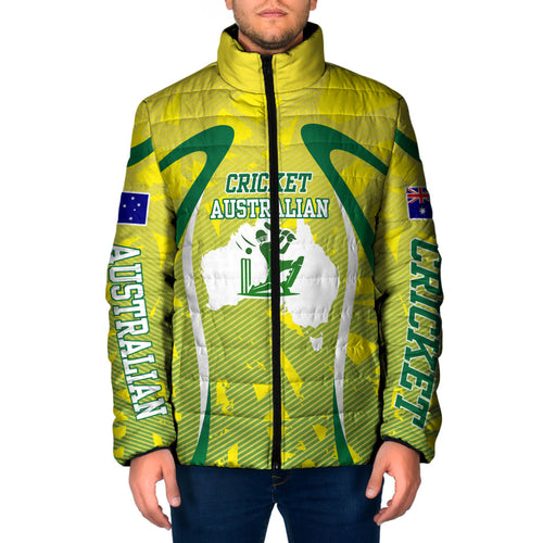 Cricket Australian Padded Jacket Map Silhouette With Green And Gold Geometric Pattern