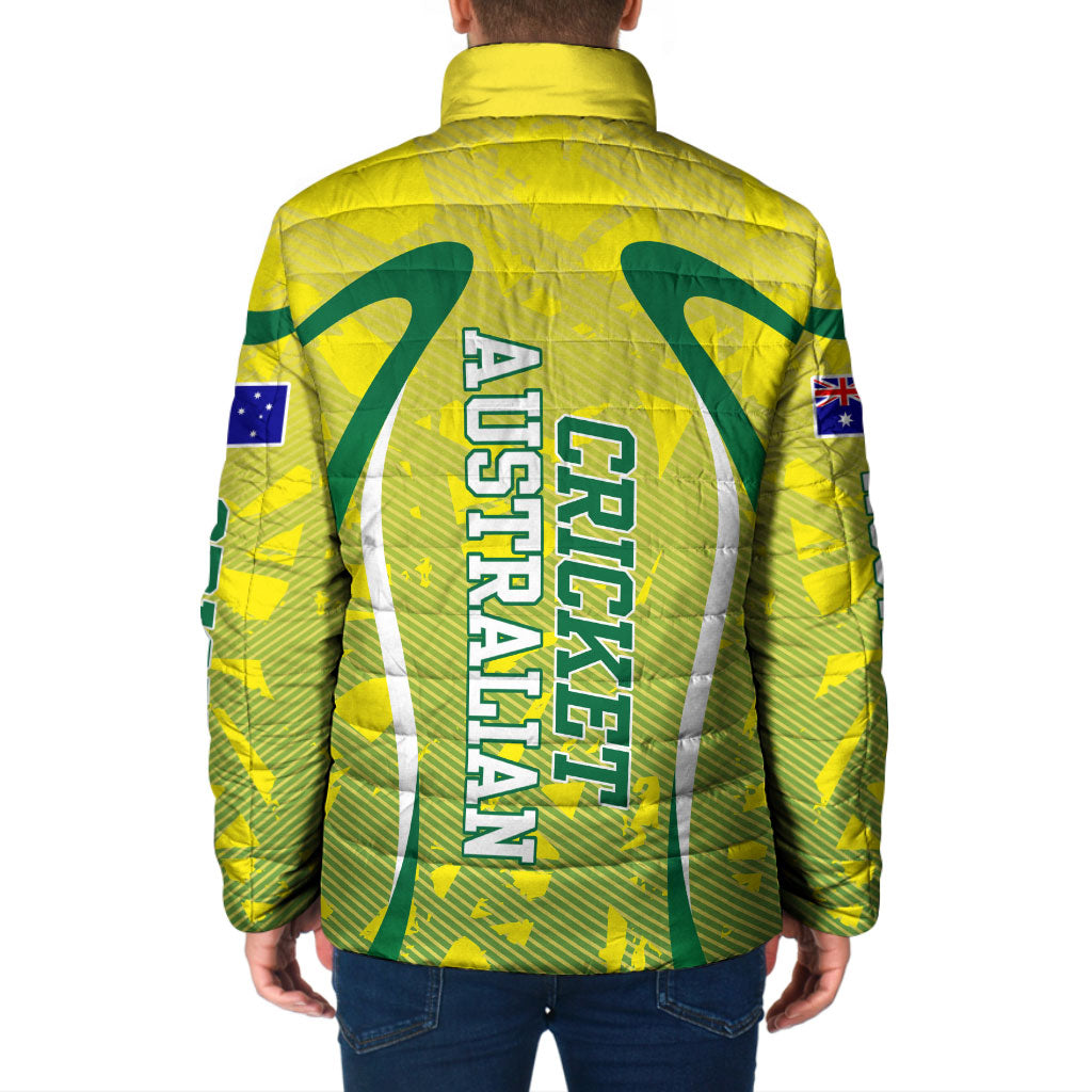 Cricket Australian Padded Jacket Map Silhouette With Green And Gold Geometric Pattern
