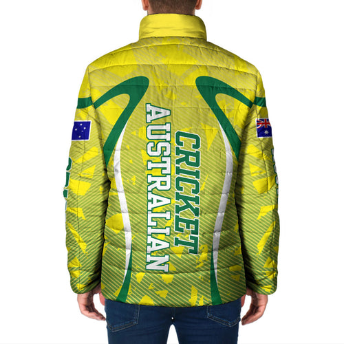 Cricket Australian Padded Jacket Map Silhouette With Green And Gold Geometric Pattern