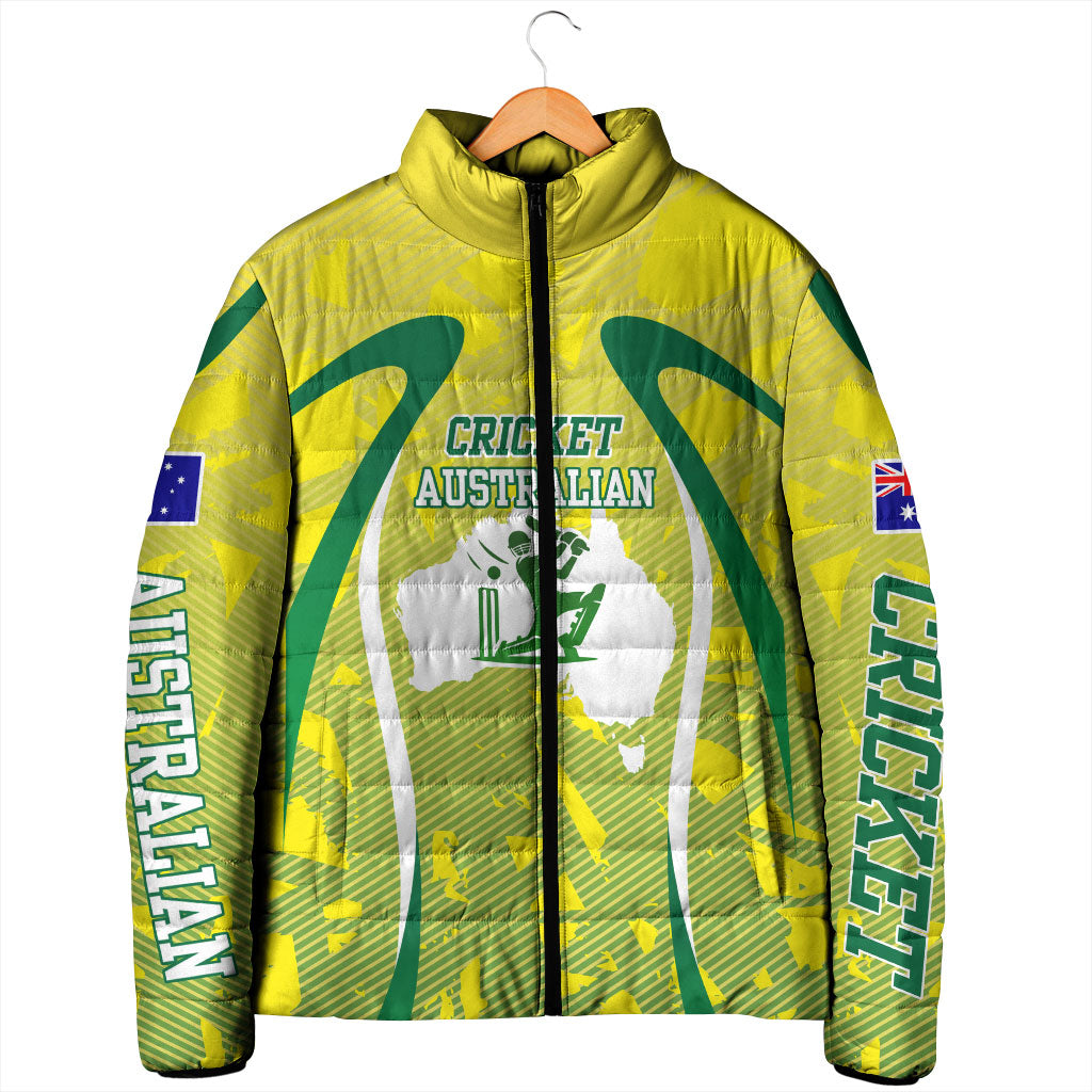 Cricket Australian Padded Jacket Map Silhouette With Green And Gold Geometric Pattern