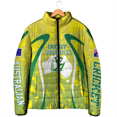 Cricket Australian Padded Jacket Map Silhouette With Green And Gold Geometric Pattern