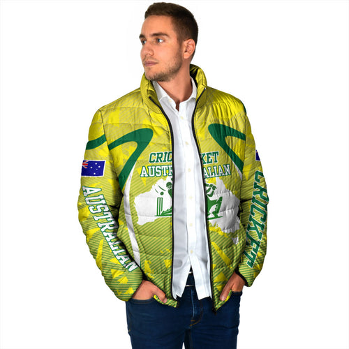 Cricket Australian Padded Jacket Map Silhouette With Green And Gold Geometric Pattern