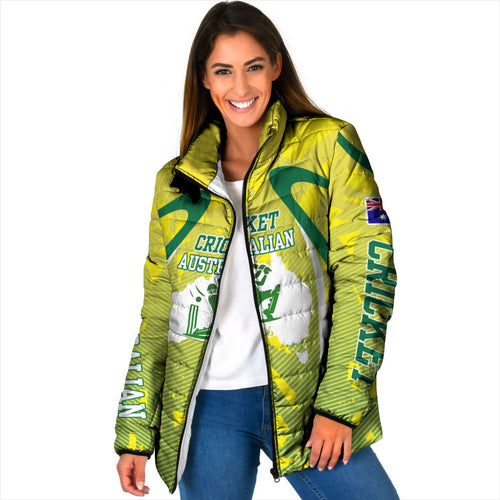 Cricket Australian Padded Jacket Map Silhouette With Green And Gold Geometric Pattern