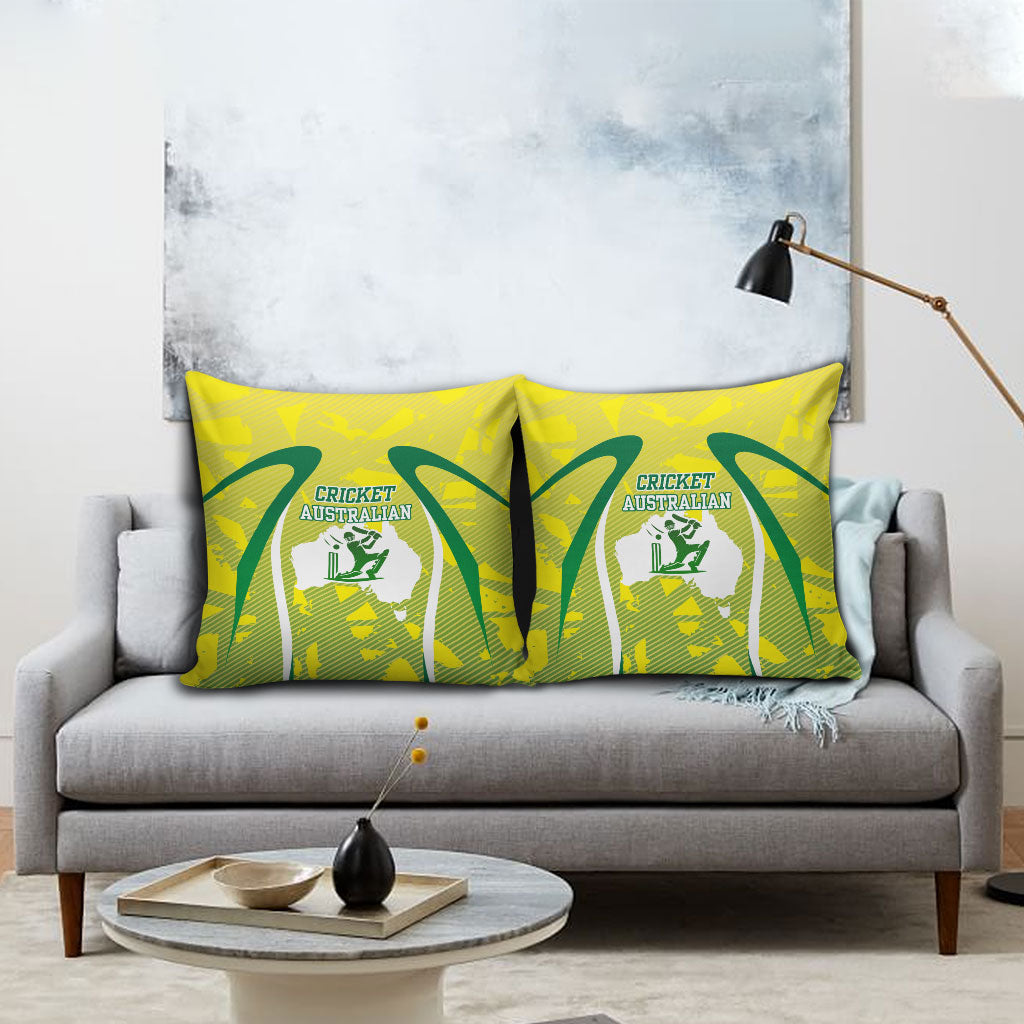 Cricket Australian Pillow Cover Map Silhouette With Green And Gold Geometric Pattern