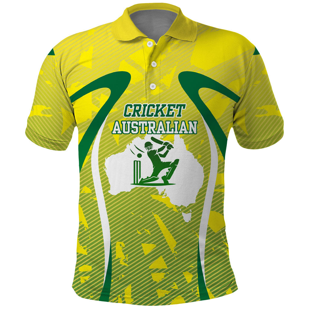 Cricket Australian Polo Shirt Map Silhouette With Green And Gold Geometric Pattern