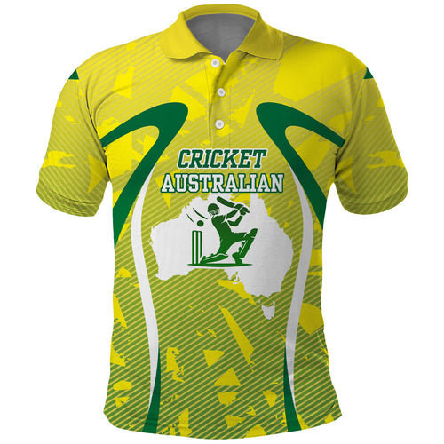 Cricket Australian Polo Shirt Map Silhouette With Green And Gold Geometric Pattern