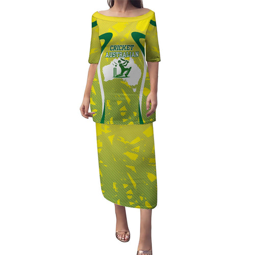 Cricket Australian Puletasi Map Silhouette With Green And Gold Geometric Pattern