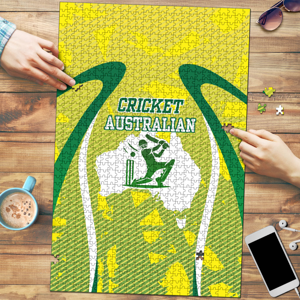 Cricket Australian Puzzle Map Silhouette With Green And Gold Geometric Pattern