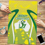 Cricket Australian Puzzle Map Silhouette With Green And Gold Geometric Pattern