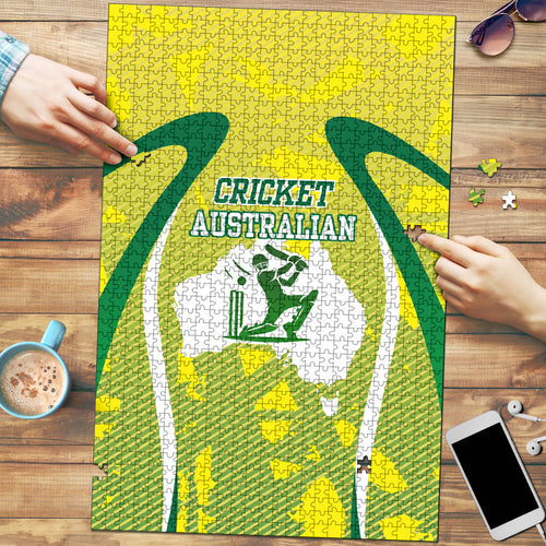 Cricket Australian Puzzle Map Silhouette With Green And Gold Geometric Pattern