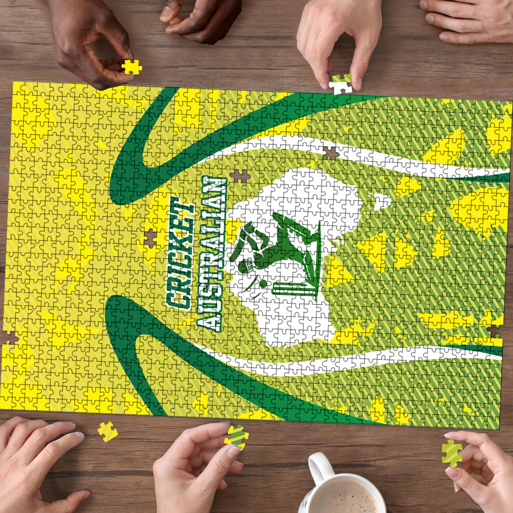 Cricket Australian Puzzle Map Silhouette With Green And Gold Geometric Pattern