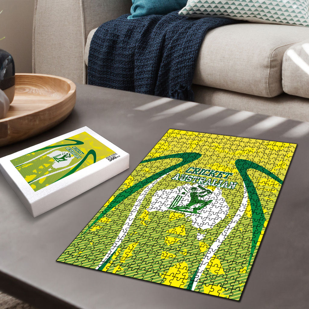 Cricket Australian Puzzle Map Silhouette With Green And Gold Geometric Pattern