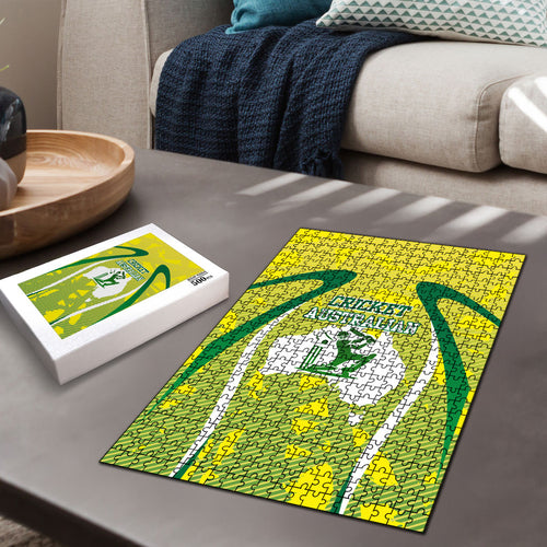 Cricket Australian Puzzle Map Silhouette With Green And Gold Geometric Pattern