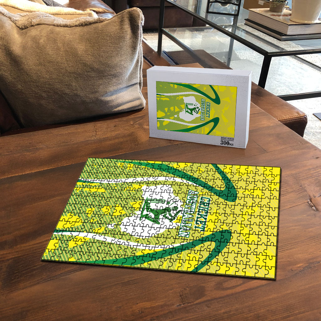 Cricket Australian Puzzle Map Silhouette With Green And Gold Geometric Pattern