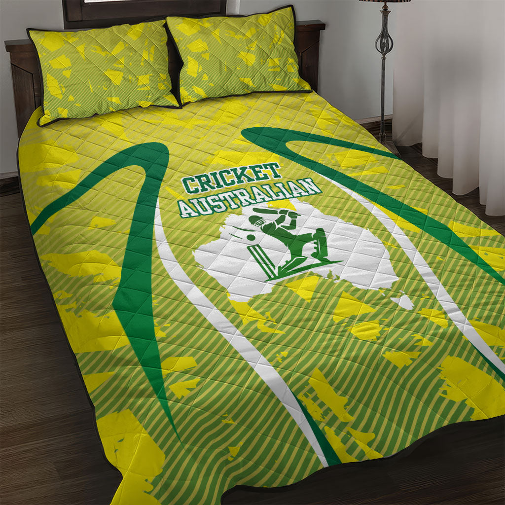 Cricket Australian Quilt Bed Set Map Silhouette With Green And Gold Geometric Pattern