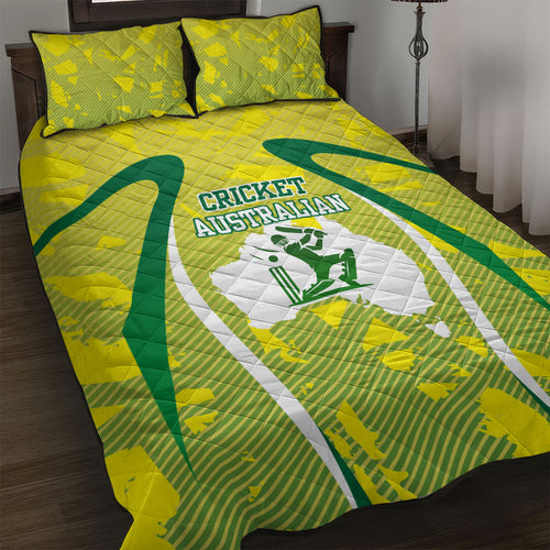 Cricket Australian Quilt Bed Set Map Silhouette With Green And Gold Geometric Pattern