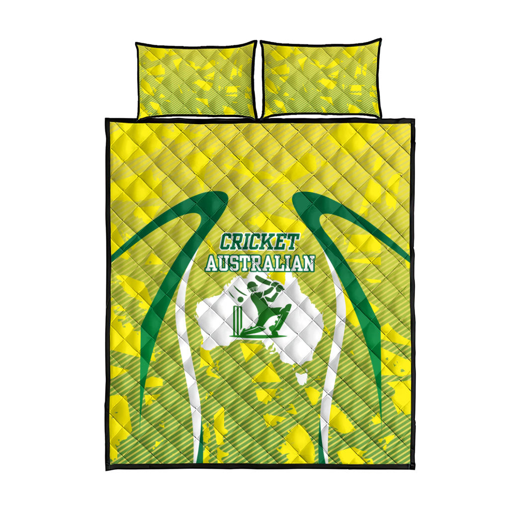 Cricket Australian Quilt Bed Set Map Silhouette With Green And Gold Geometric Pattern