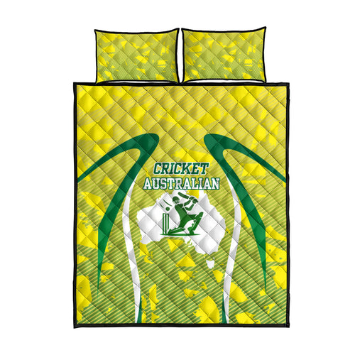 Cricket Australian Quilt Bed Set Map Silhouette With Green And Gold Geometric Pattern