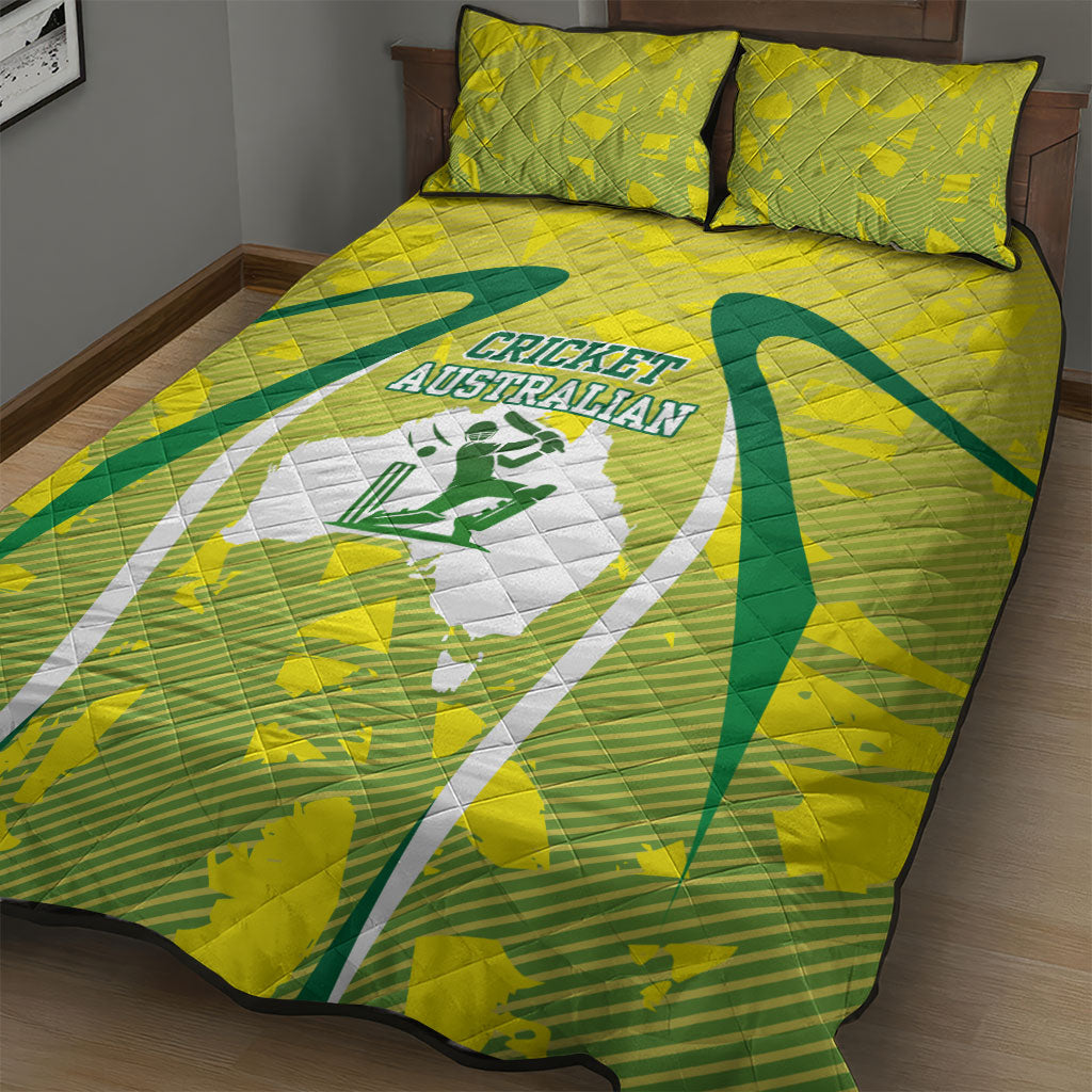 Cricket Australian Quilt Bed Set Map Silhouette With Green And Gold Geometric Pattern