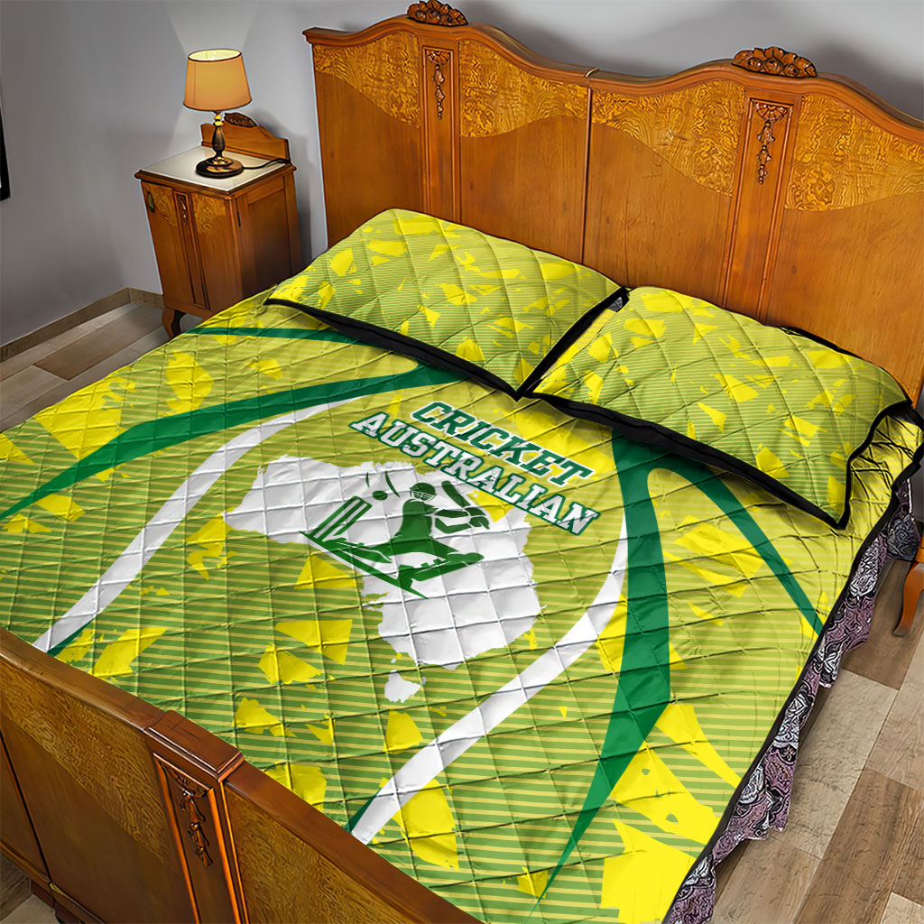 Cricket Australian Quilt Bed Set Map Silhouette With Green And Gold Geometric Pattern