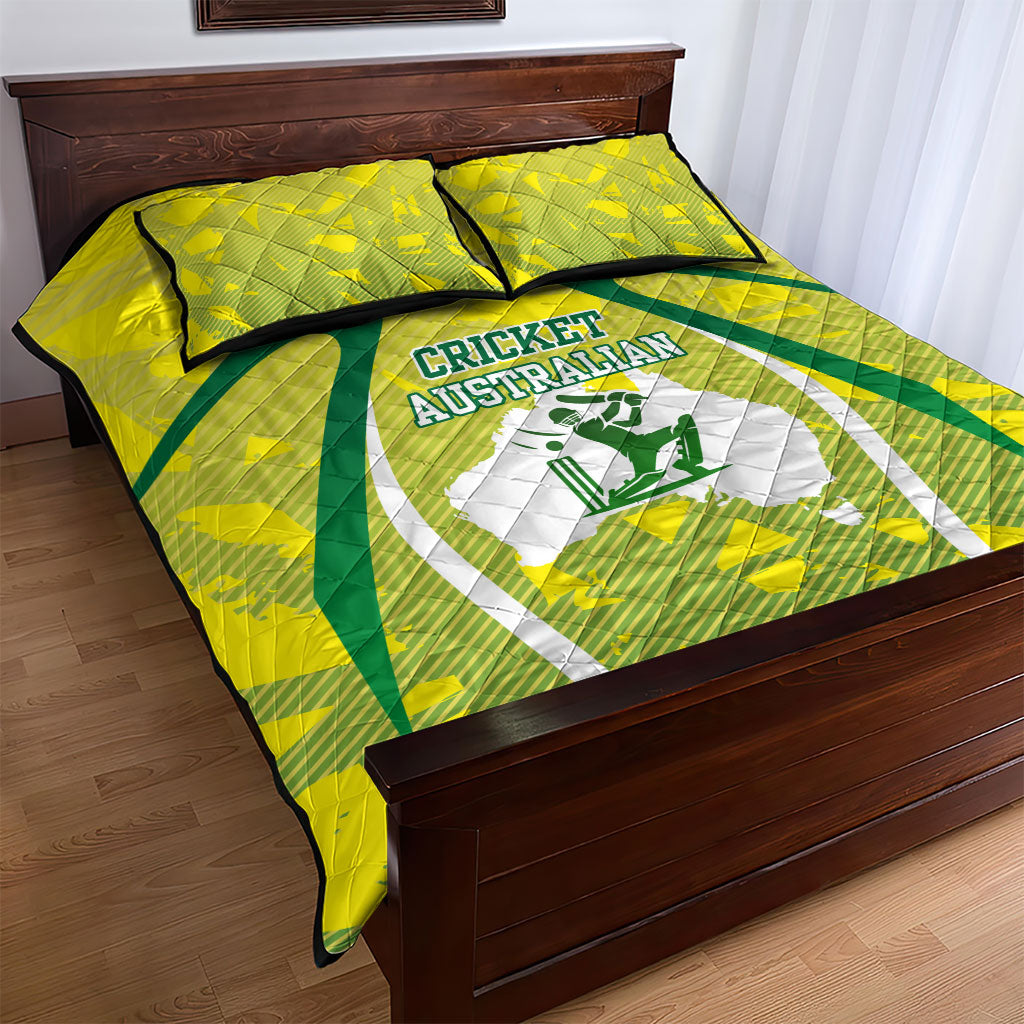 Cricket Australian Quilt Bed Set Map Silhouette With Green And Gold Geometric Pattern