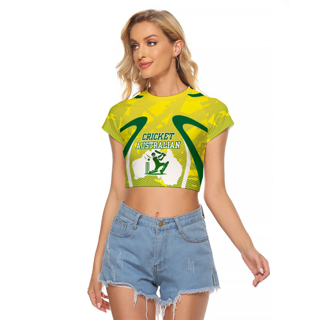 Cricket Australian Raglan Cropped T Shirt Map Silhouette With Green And Gold Geometric Pattern