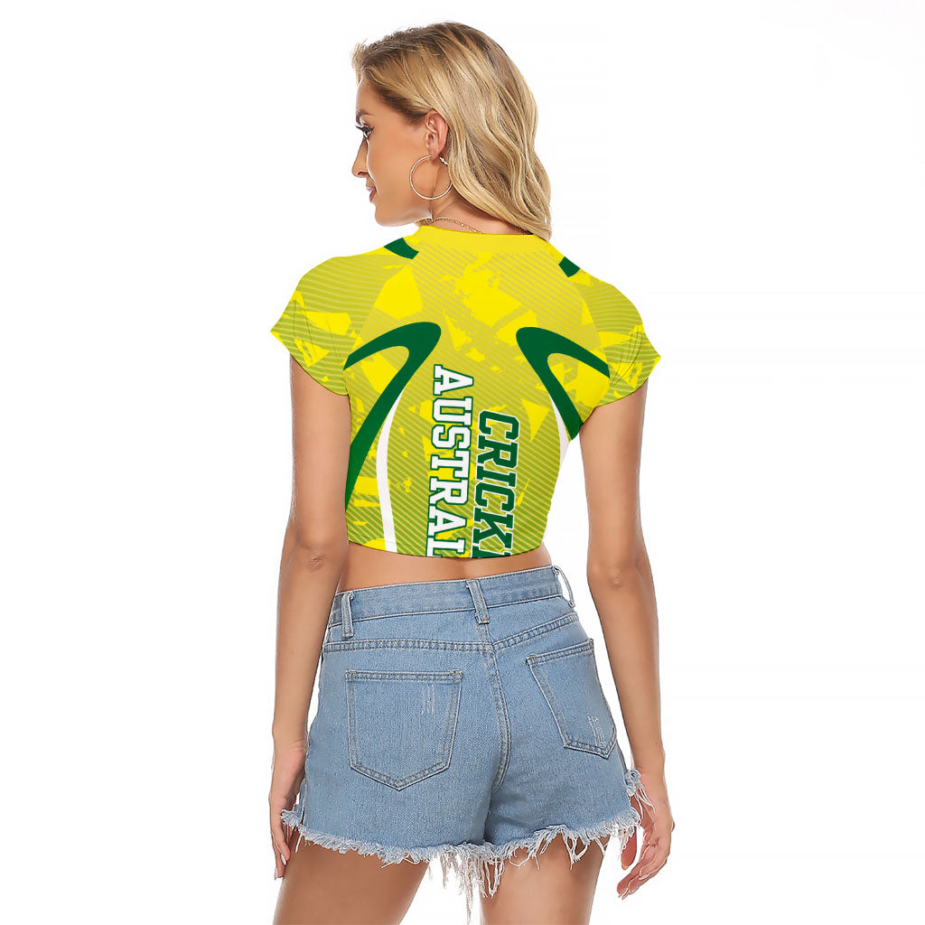 Cricket Australian Raglan Cropped T Shirt Map Silhouette With Green And Gold Geometric Pattern