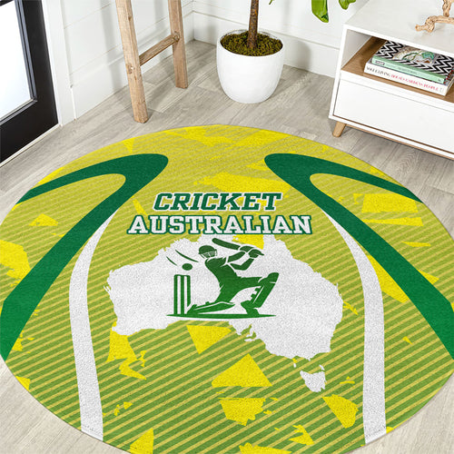 Cricket Australian Round Carpet Map Silhouette With Green And Gold Geometric Pattern
