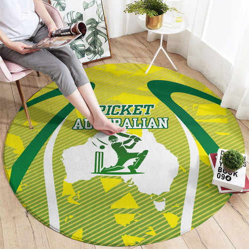 Cricket Australian Round Carpet Map Silhouette With Green And Gold Geometric Pattern