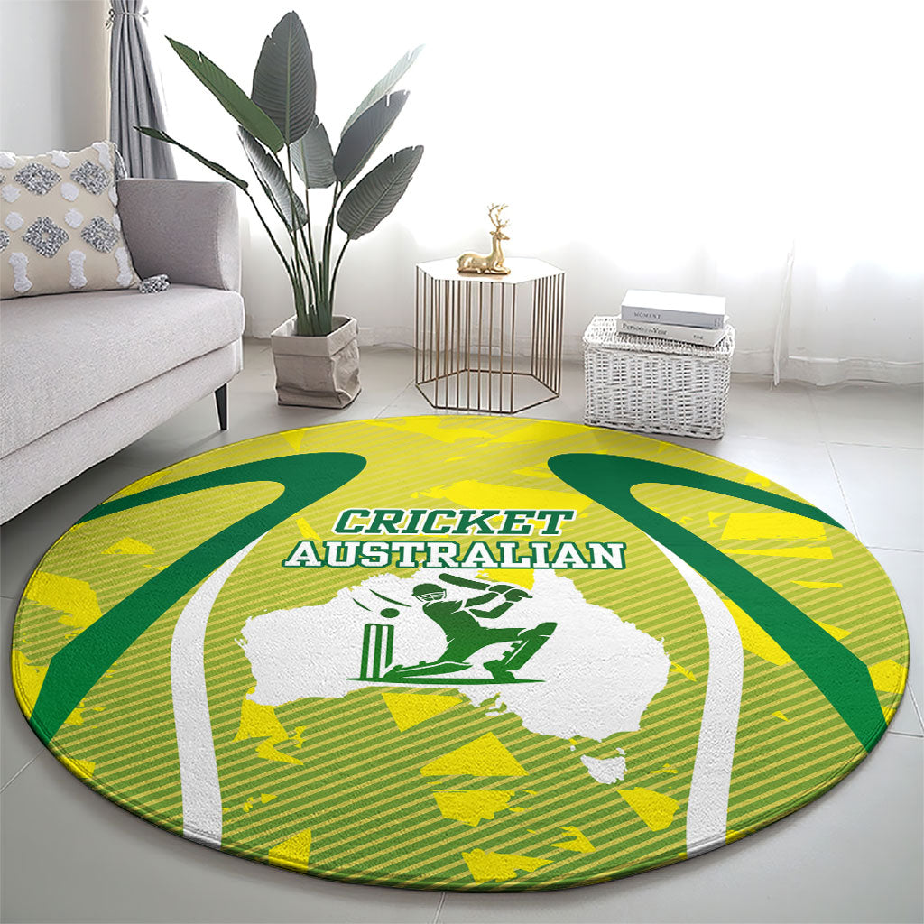 Cricket Australian Round Carpet Map Silhouette With Green And Gold Geometric Pattern