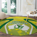 Cricket Australian Round Carpet Map Silhouette With Green And Gold Geometric Pattern