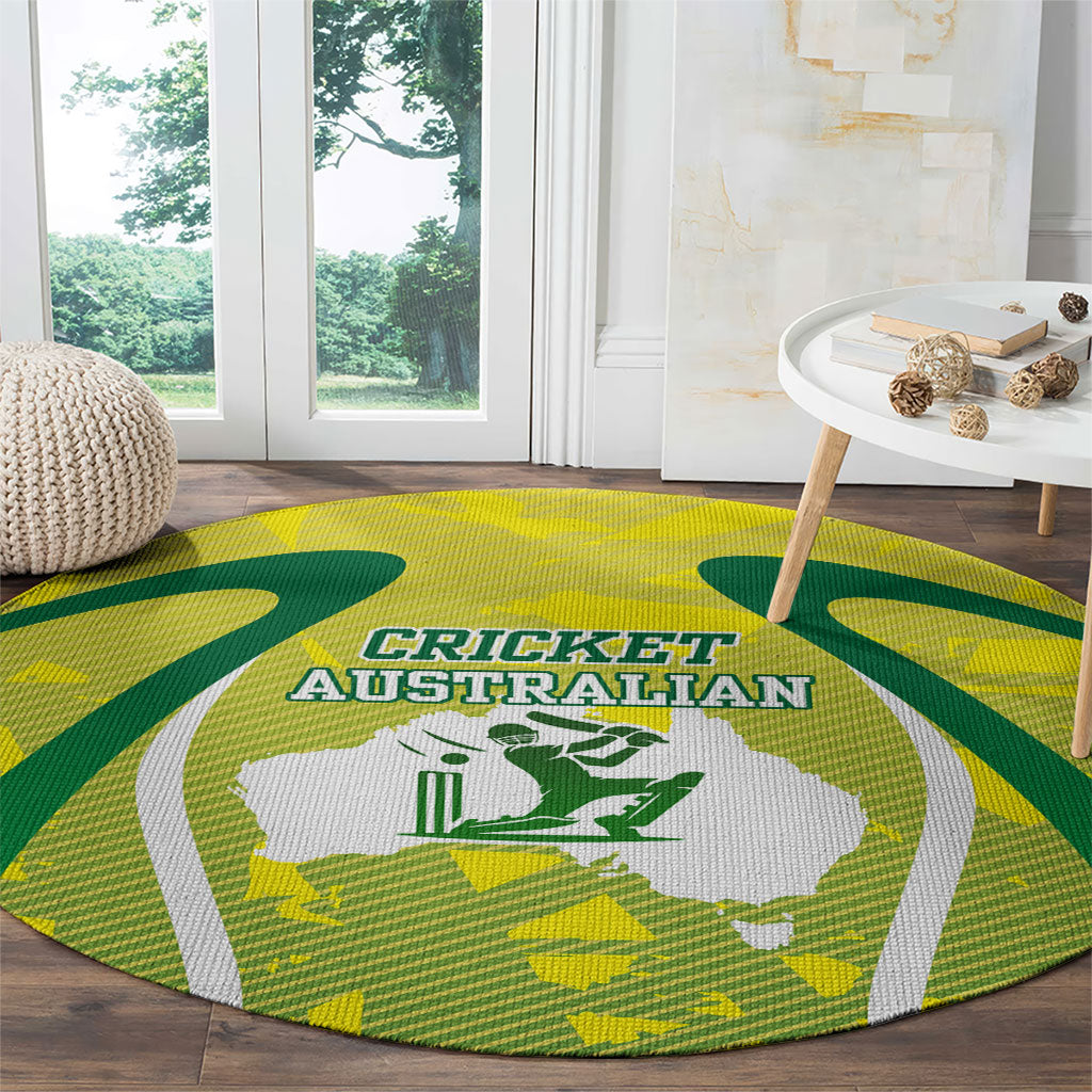 Cricket Australian Round Carpet Map Silhouette With Green And Gold Geometric Pattern