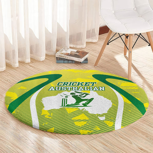 Cricket Australian Round Carpet Map Silhouette With Green And Gold Geometric Pattern