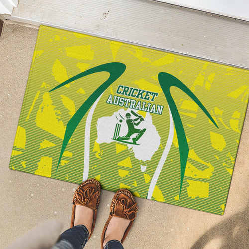 Cricket Australian Rubber Doormat Map Silhouette With Green And Gold Geometric Pattern