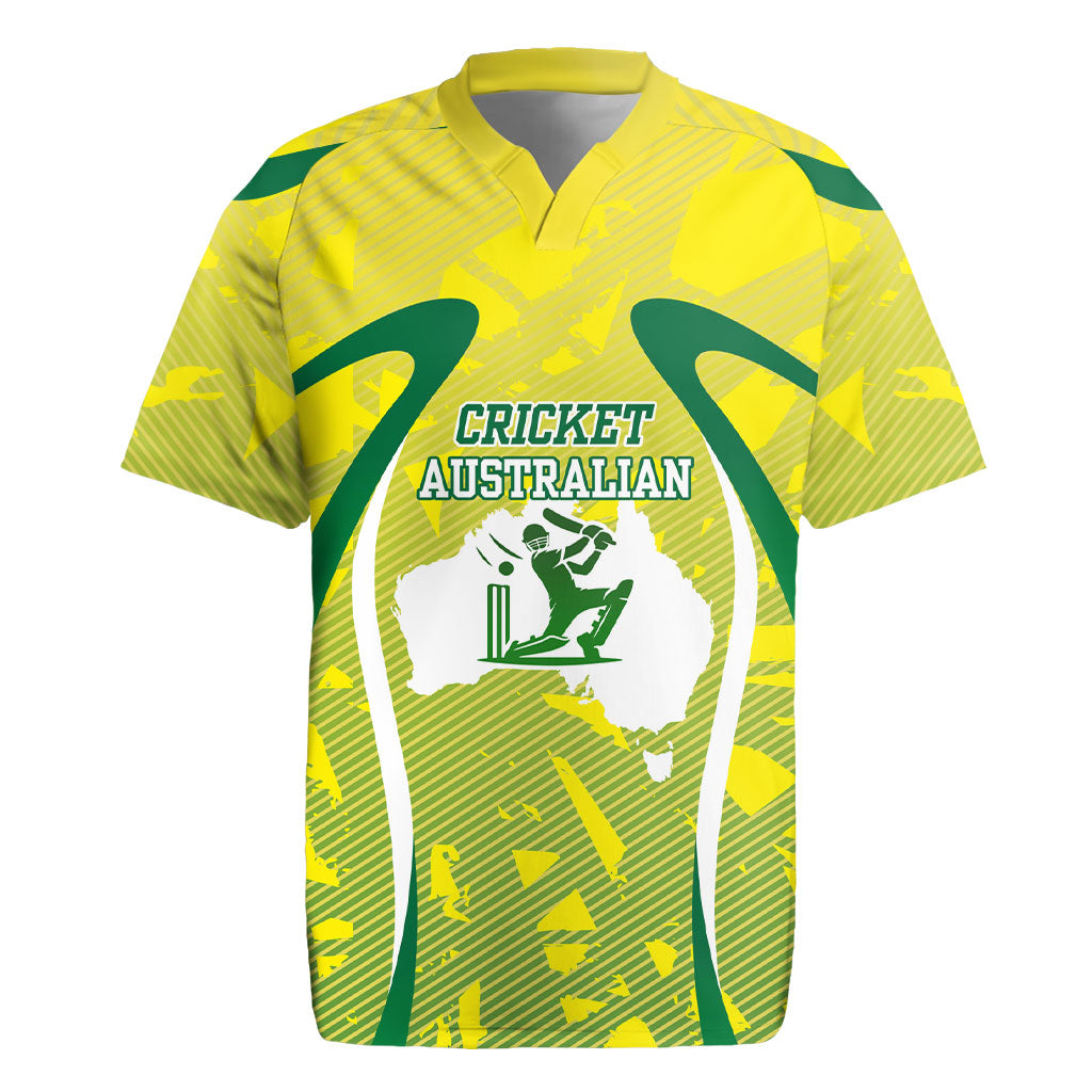 Cricket Australian Rugby Jersey Map Silhouette With Green And Gold Geometric Pattern