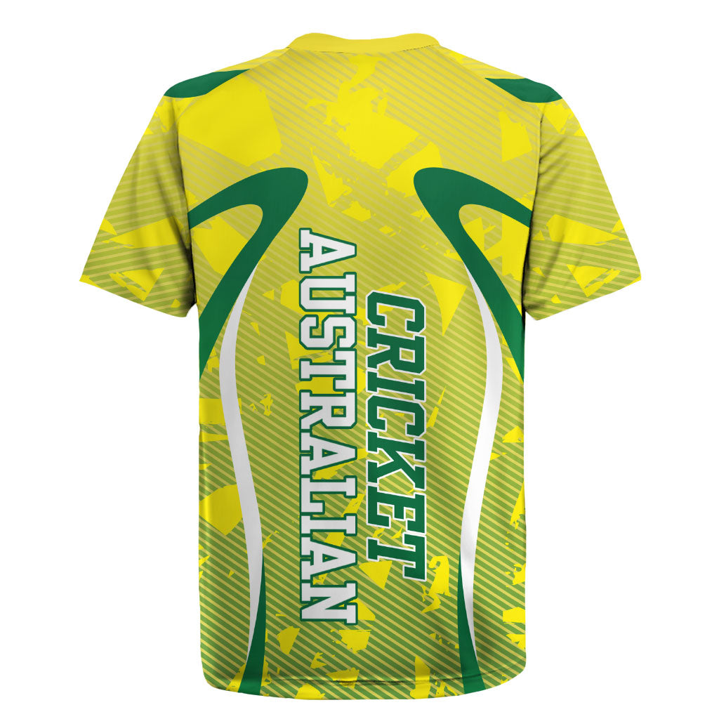 Cricket Australian Rugby Jersey Map Silhouette With Green And Gold Geometric Pattern