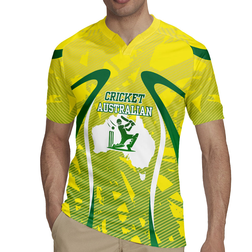 Cricket Australian Rugby Jersey Map Silhouette With Green And Gold Geometric Pattern